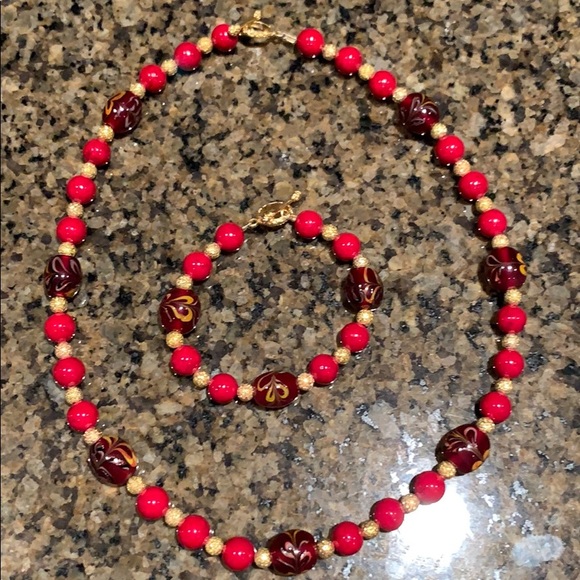 Jewelry - Red/gold beaded necklace and bracelet